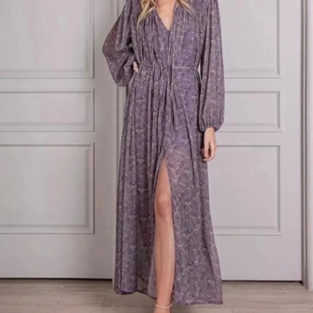 NEW Senlis Purple Bird Puff Sleeve Maxi Dress